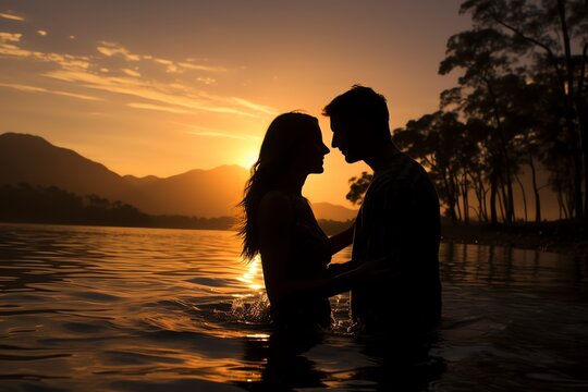 Couple swimming together silhouette photograph