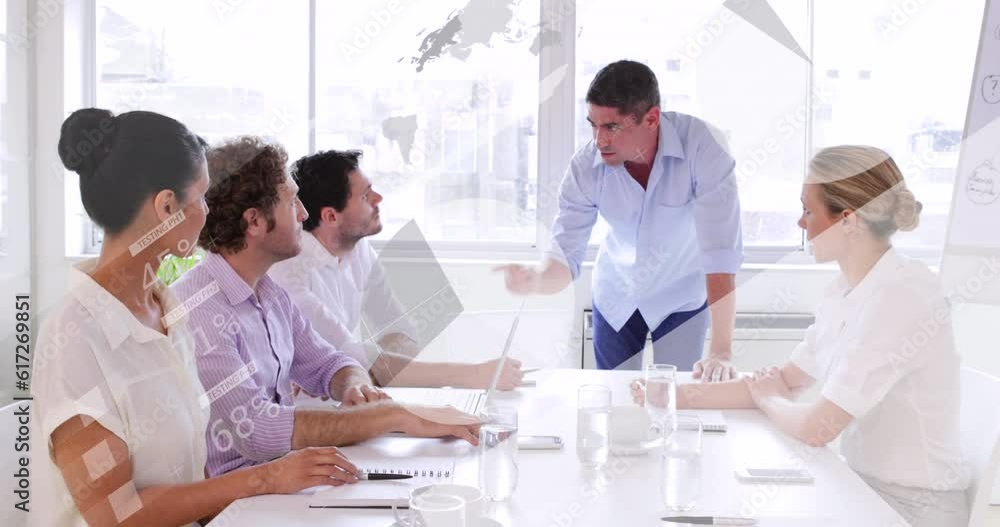 Poster animation of statistical data processing over diverse businesspeople discussing together at office