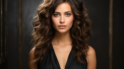 Fototapeta premium Portrait of an attractive beautiful tall glamour model with beautiful hair. Generative AI