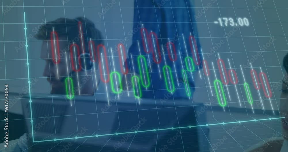 Aufkleber animation of graphs and changing numbers, diverse customer service representatives working in office