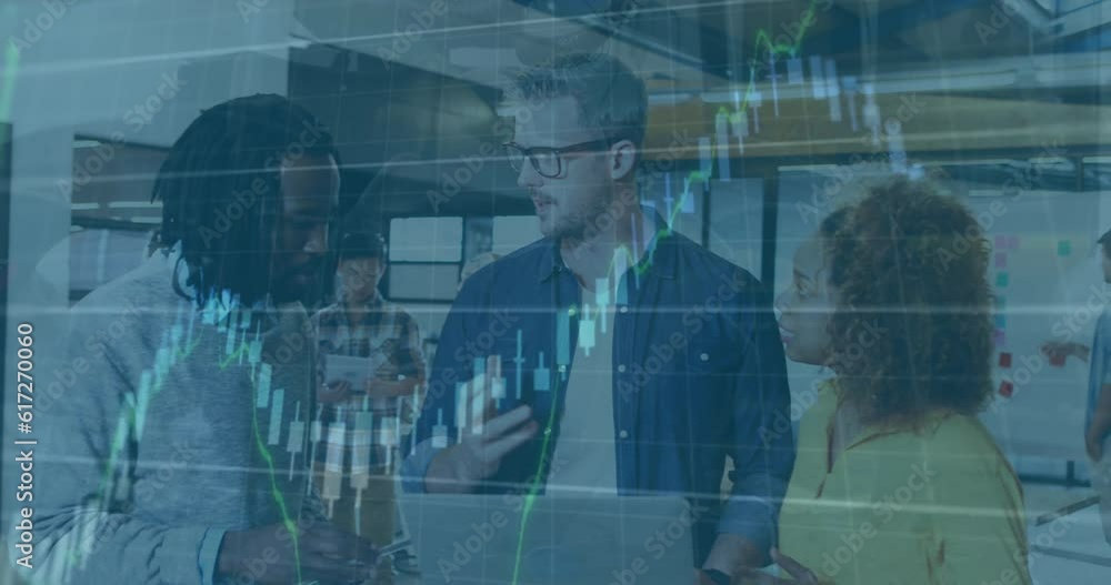 Poster animation of graphs with changing numbers over diverse coworkers discussing reports on laptop