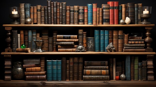 Stack of hardcover books inside a traditional oak book shelf wallpaper