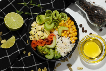 Concept of lunch, paper bowl with food