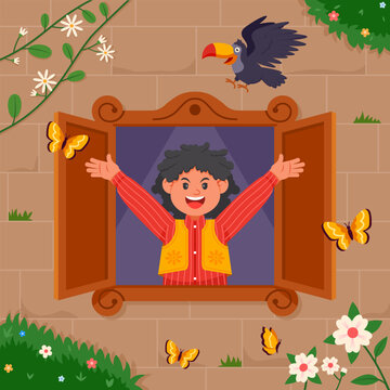 Cheering Boy Open Up Window