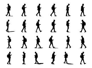 Fototapeta na wymiar man walking looking at cell phone smartphone silhouette set