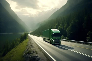 Poster Truck Transportation Through Sky-High Landscape. Sunset © Degimages