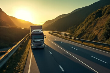 Truck Transportation Through Sky-High Landscape. Sunset - obrazy, fototapety, plakaty