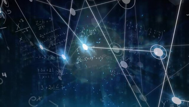 Animation of connected dots over mathematical equations against globe in background