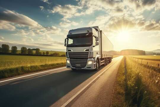 Truck Transportation Through Sky-High Landscape. Sunset