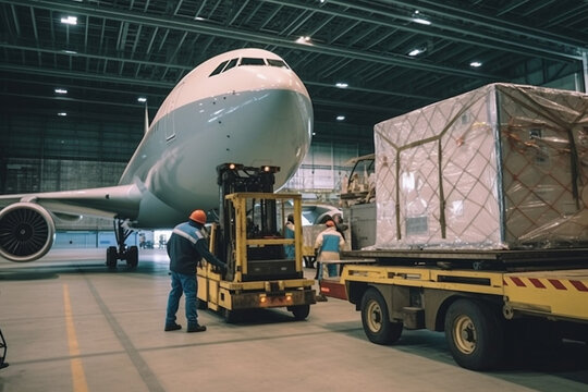 Unloading goods from an aircraft at an airport.