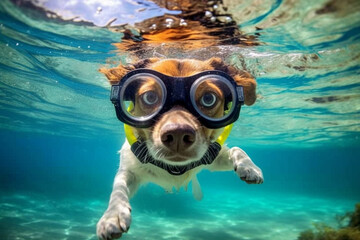 Happy Canine in Scuba Mask: a Fun Portrait of a Dog Swimming Underwater