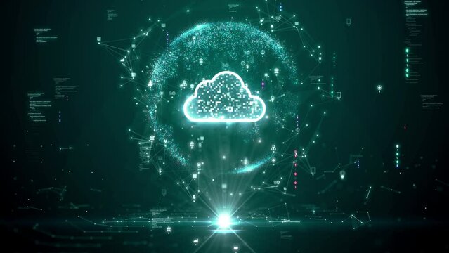 Cloud or edge computing technology concept that supports the storage of large databases from around the world. Data security system.polygons white cloud icon on dark green background.
