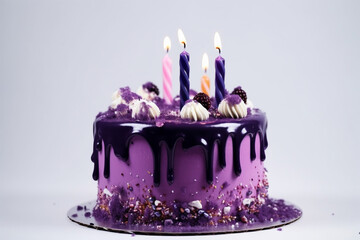 purple birthday cake on a white background