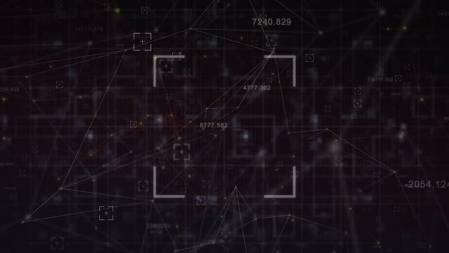 Animation of viewfinders over connected dots with lines and changing numbers on black background