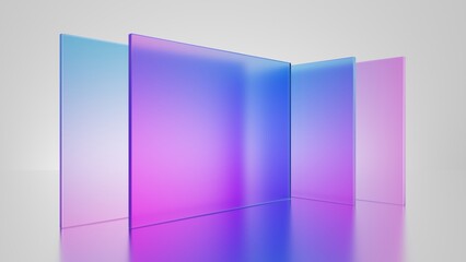 3d rendering, abstract geometric background, translucent glass with colorful gradient, simple square shapes