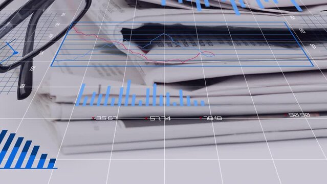 Animation of multiple graphs, changing numbers over grid pattern against spectacles and newspapers