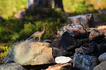 Toy dinosaur outside by the burnt campfire