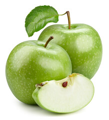 Green apple with half and green leaves isolated on white background. Apples with clipping path. Full depth of field