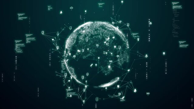Digital technology concept, data sheet management with large database capacity and high security around the world. Distributed white icons interspersed with polygons on a dark green background.