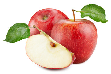 Red apple with leaves. Red apple on white. Full depth of field. With clipping path