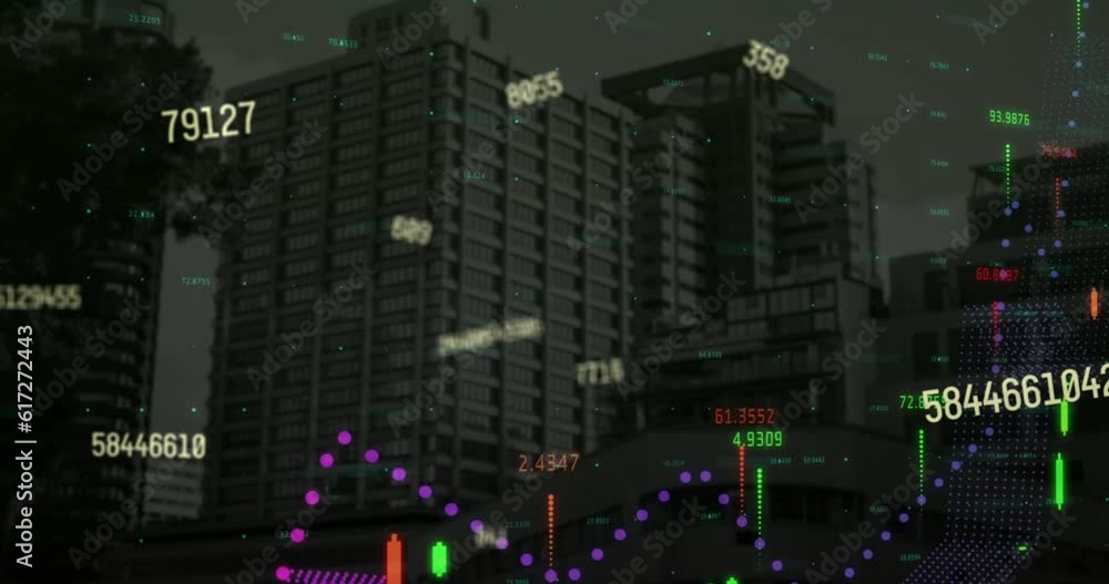 Aufkleber animation of changing numbers over multiple graphs over modern buildings against sky