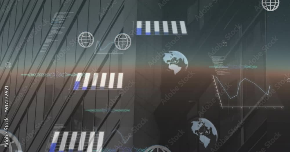 Aufkleber animation of globes, graphs and computer language over silhouette of building against sky