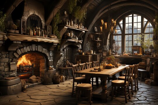 Castle-style kitchen showcasing stone walls