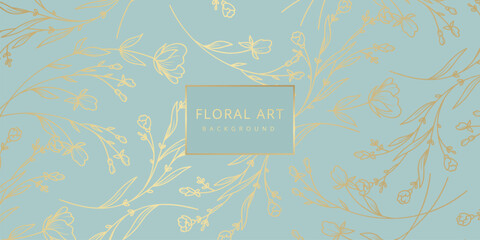 Luxury floral blue abstract background with gold hand drawn flowers. Vector design template for postcard, wall poster, business card, flyer, banner, wedding invitation, print, cover, wallpaper