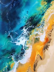 Fototapeta na wymiar Top - down aerial view of a deserted Beach, Acrylic pouring of waves crashing onto a beach, vivid colors flowing seamlessly into each other, a masterpiece of color and light effects Generative AI