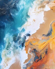 Fototapeta premium Top - down aerial view of a deserted Beach, Acrylic pouring of waves crashing onto a beach, vivid colors flowing seamlessly into each other, a masterpiece of color and light effects Generative AI