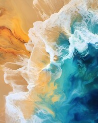 Obraz na płótnie Canvas Top - down aerial view of a deserted Beach, Acrylic pouring of waves crashing onto a beach, vivid colors flowing seamlessly into each other, a masterpiece of color and light effects Generative AI