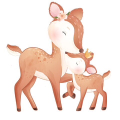 Cute deer and baby deer watercolor illustration