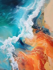 Top - down aerial view of a deserted Beach, Acrylic pouring of waves crashing onto a beach, vivid colors flowing seamlessly into each other, a masterpiece of color and light effects Generative AI