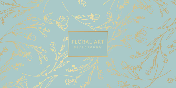 Luxury floral blue abstract background with gold hand drawn flowers. Vector design template for postcard, wall poster, business card, flyer, banner, wedding invitation, print, cover, wallpaper