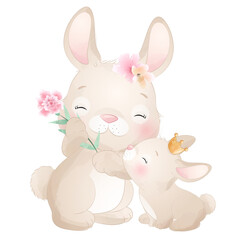 Obraz na płótnie Canvas Cute rabbit and baby rabbit watercolor illustration