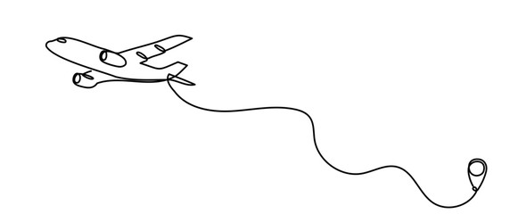 Travel plane, airplane continuous line outline vector art illustration. Airplane flight trip sketch icon doodle illustration. Take Flight Continuous Line Art: Discover Essence of Travel and Adventure © Максим Зайков