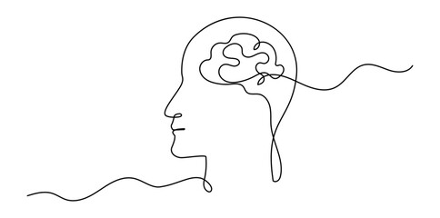 Continuous One Line Mental Chaos Brain Head Health Mind Art Sketch Вoodle Сoncept.  Stress Therapy Problem Continuous One Line Drawing. A Single Stroke of Healing: Vector Drawing for Mental Well-being