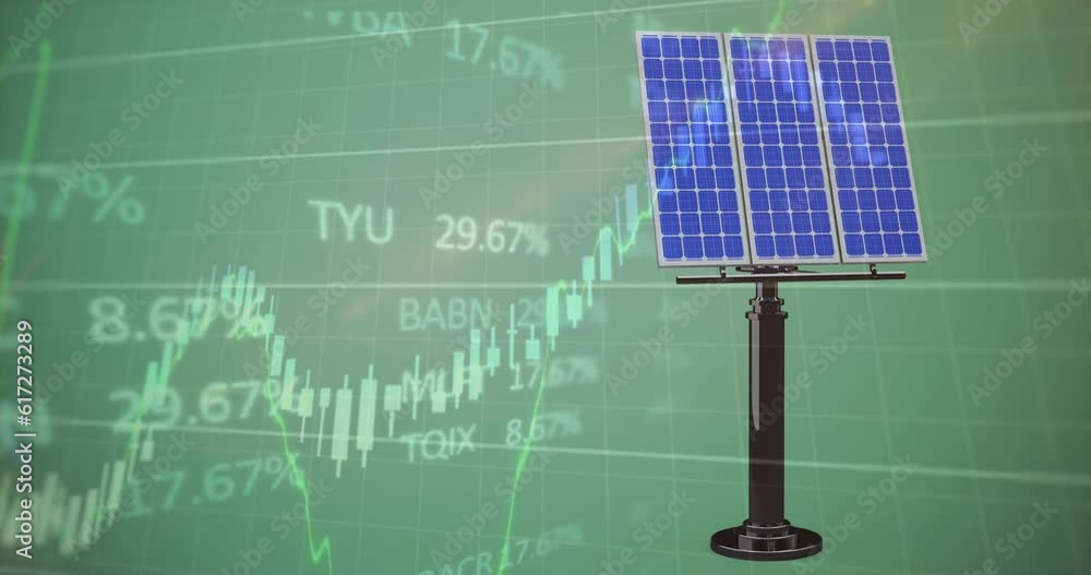 Poster animation of graphs and trading board over solar panel against abstract background