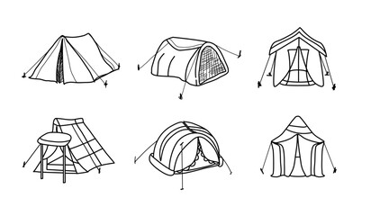 set of tents for camping, black and white used line art style