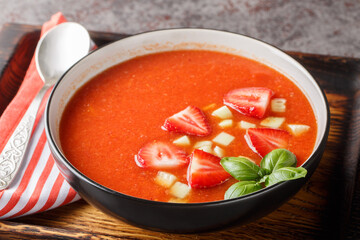 Cold strawberry gazpacho soup on a wooden board close-up on the table. Horizontal