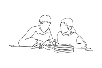 Single one line drawing happy student reading and preparing for examination. Education and leisure concept. Continuous line draw design graphic vector illustration.