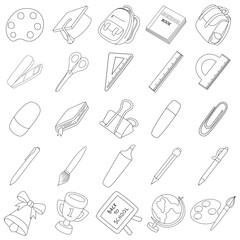 Back to school, various kinds of student items, line art style