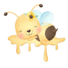 Cute bee with honey watercolor illustration