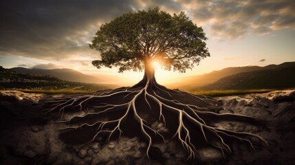 Resilient Roots: A simple yet powerful image of a tree with deep roots, signifying the strength and resilience required to address social issues with responsibility  - obrazy, fototapety, plakaty