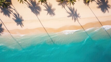Fototapeta na wymiar Beach palm trees on the sunny sandy beach and turquoise ocean from above.