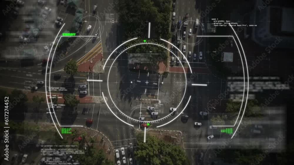 Poster animation of circles and computer language over aerial view of moving vehicles on street