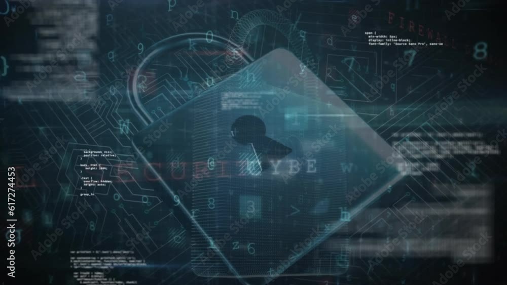 Poster animation of texts, numbers, letters ,computer language over padlock against circuit board pattern