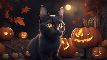 halloween cat and Jack O Lantern pumpkin background. Generative AI