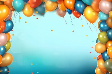 Birthday background with balloons, confetti and garlands, lots of empty copyspace Generative AI