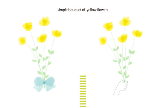 黄色いちょうちょみたいな花のシンプルな花束、手に持っているタイプとリボンのセット